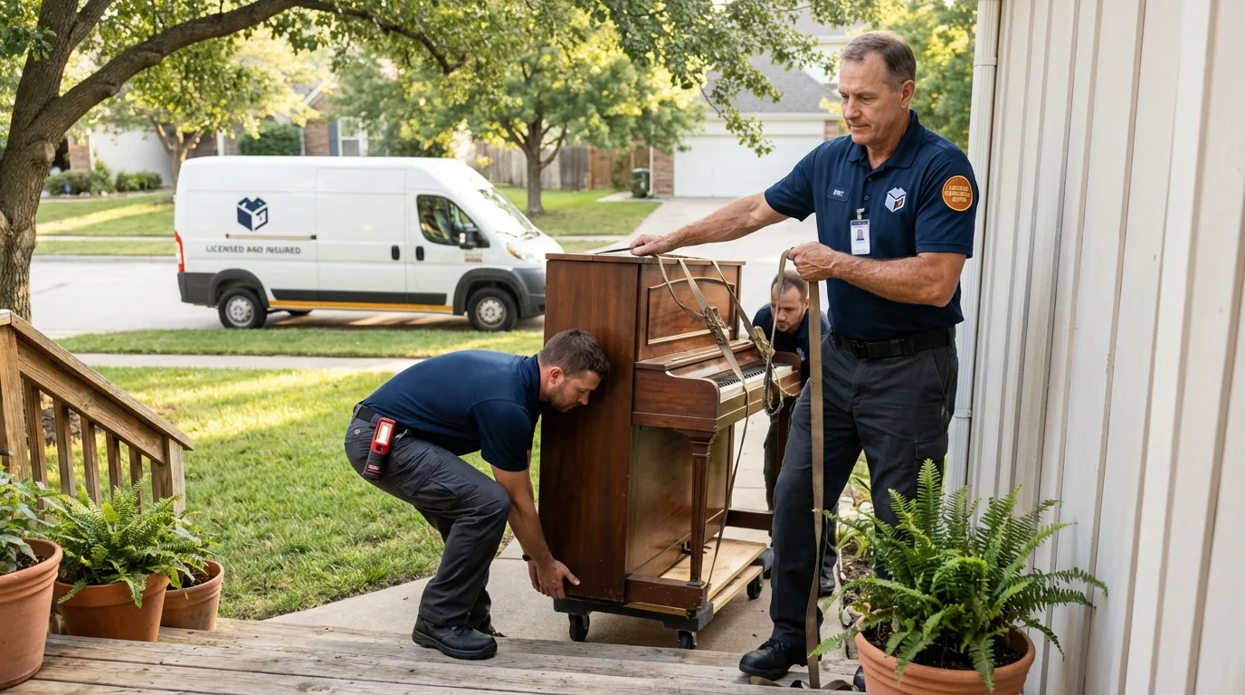 Licensed piano movers securing grand piano in Wadena, MN