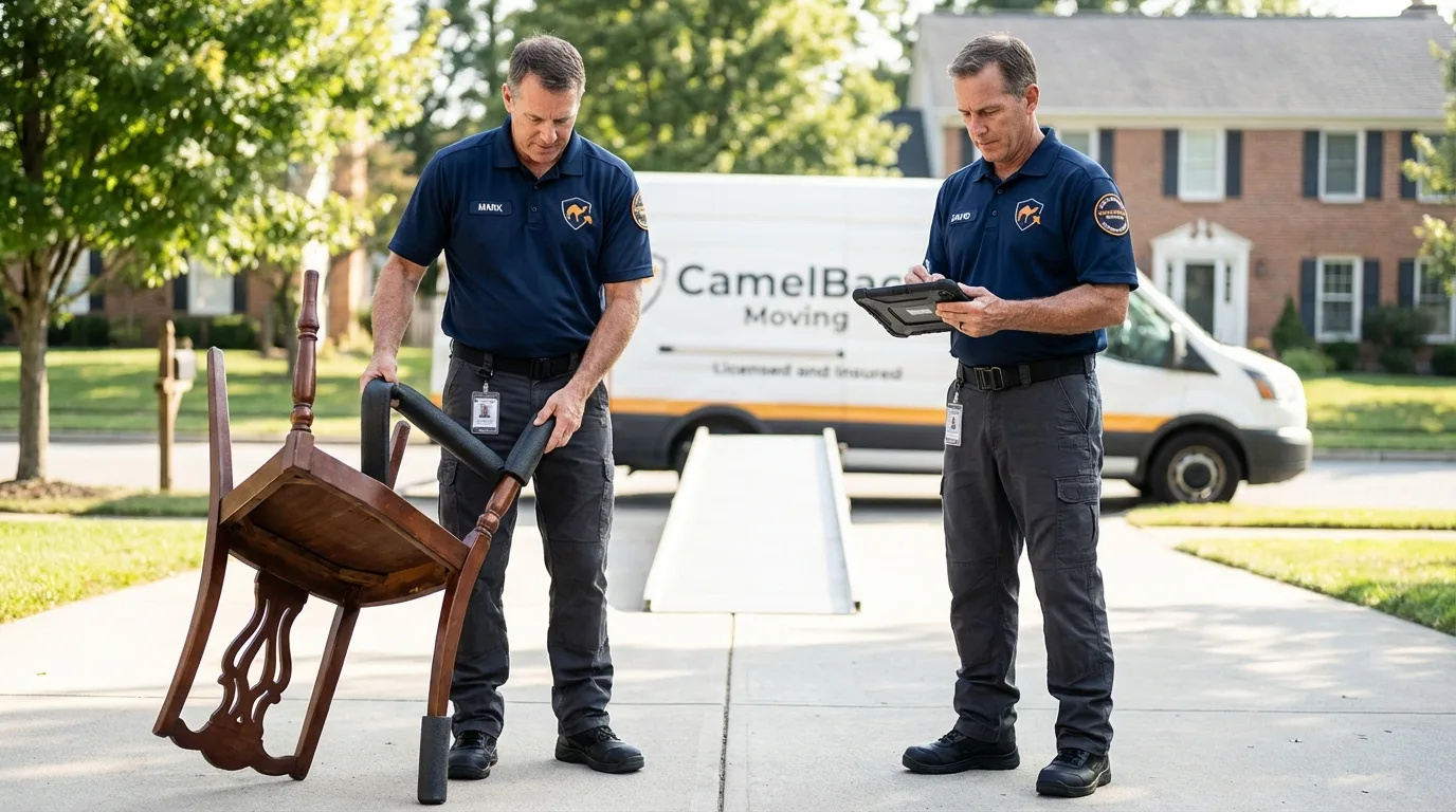 Movers inspecting furniture for damage prevention before loading in Wadena, MN